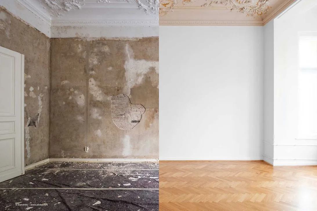 Vorher-Nachher-Bild eines Raums mit beschädigter Wand und renovierter Wand in neutralem Design.